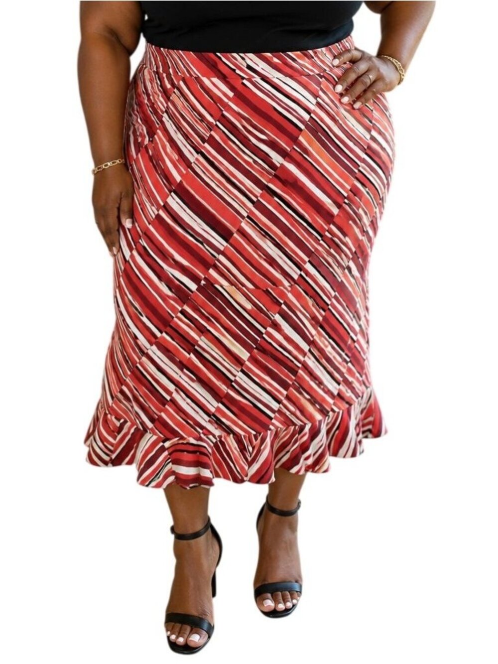 Notations Plus Size 2X Skirt Striped Ruffle Hem Red White Stretch Elastic Waist